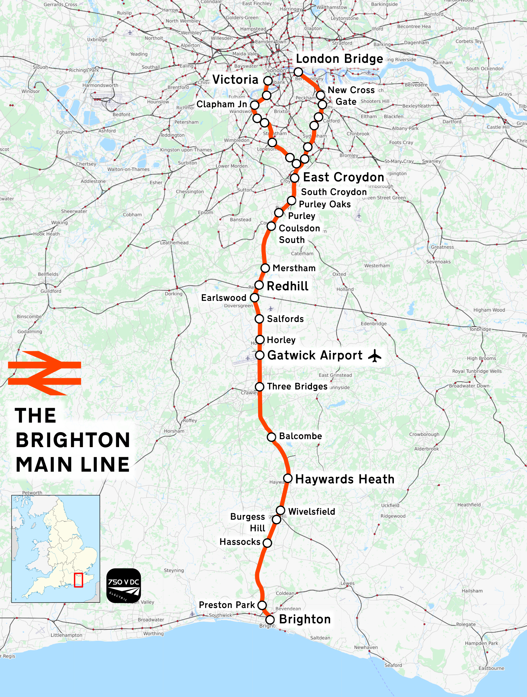 The London to Brighton Main Line is a major railway line in the United Kingdom that links Brighton, on the south coast of England, with central London. In London the line has two branches, out of London Victoria and London Bridge stations respectively, which join up in Croydon and continue towards Brighton as one line.